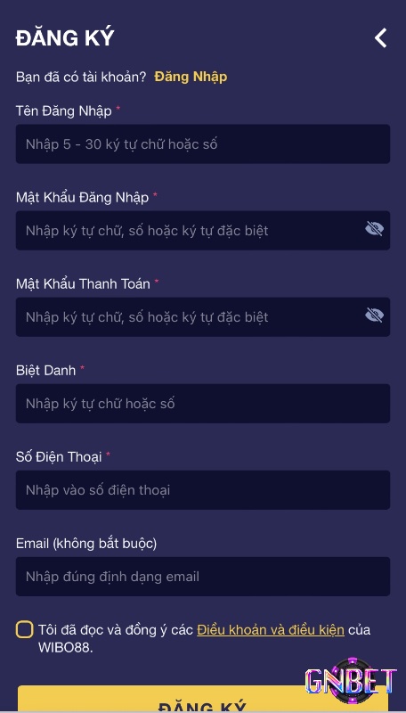 Sau khi tải Wibo88 thành công có thể đăng ký ngay một tài khoản
